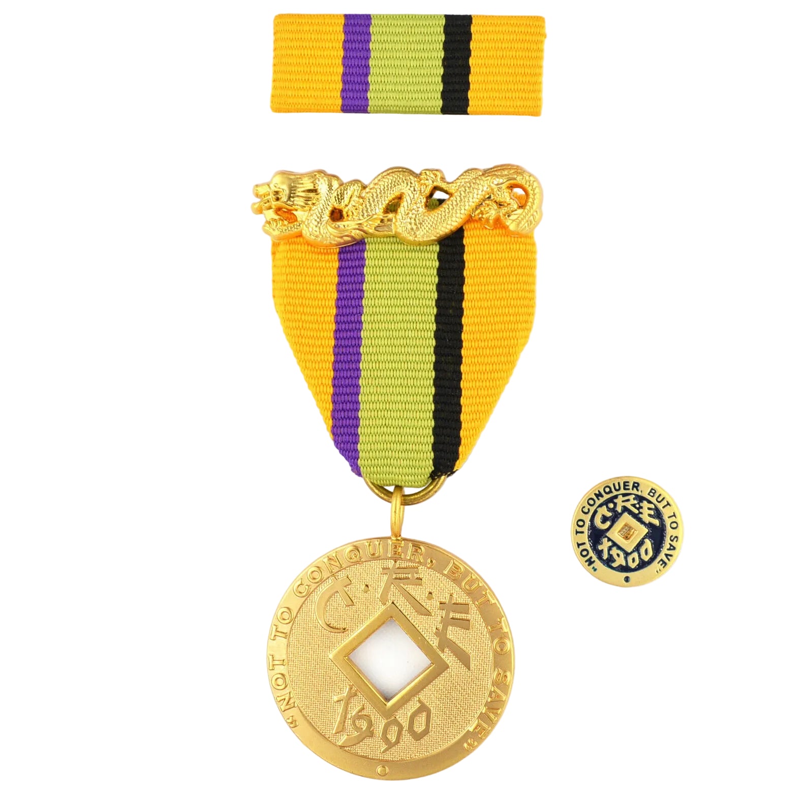 Imperial Order of the Dragon / Kaiserlicher Orden des Drachen (USA) – China/Boxer Rebellion 1900 (C.R.E.) – Medaille + Ribbon Bar/Bandschnalle + Kupfer-Dekoration – Replik Sammleranfertigung
