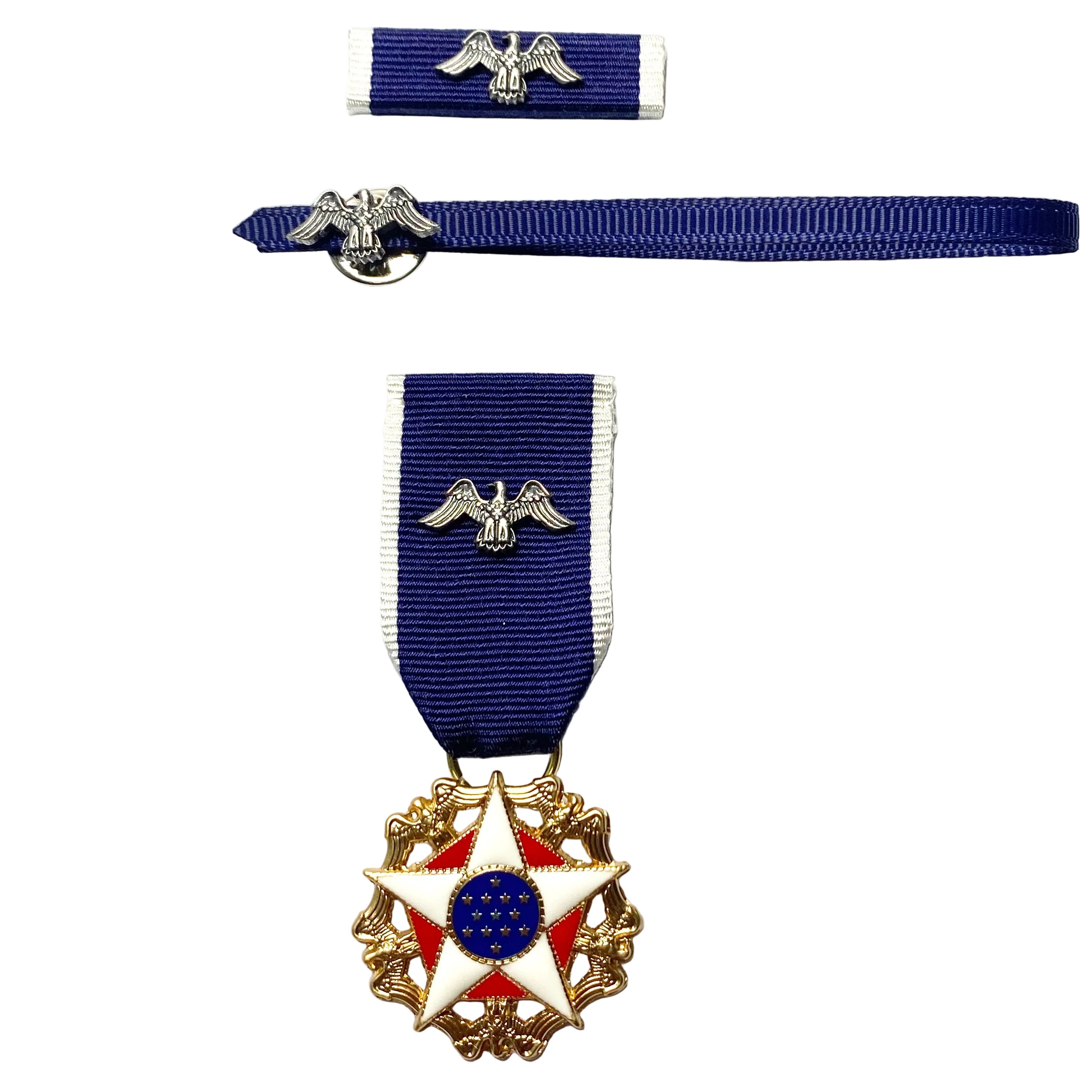 US-Präsidentielle Freiheitsmedaille (U.S. Presidential Medal of Freedom) – Miniaturmedaille + Bandschnalle + Service Ribbon – Sammleranfertigung (Messing, vergoldet, Emaille)
