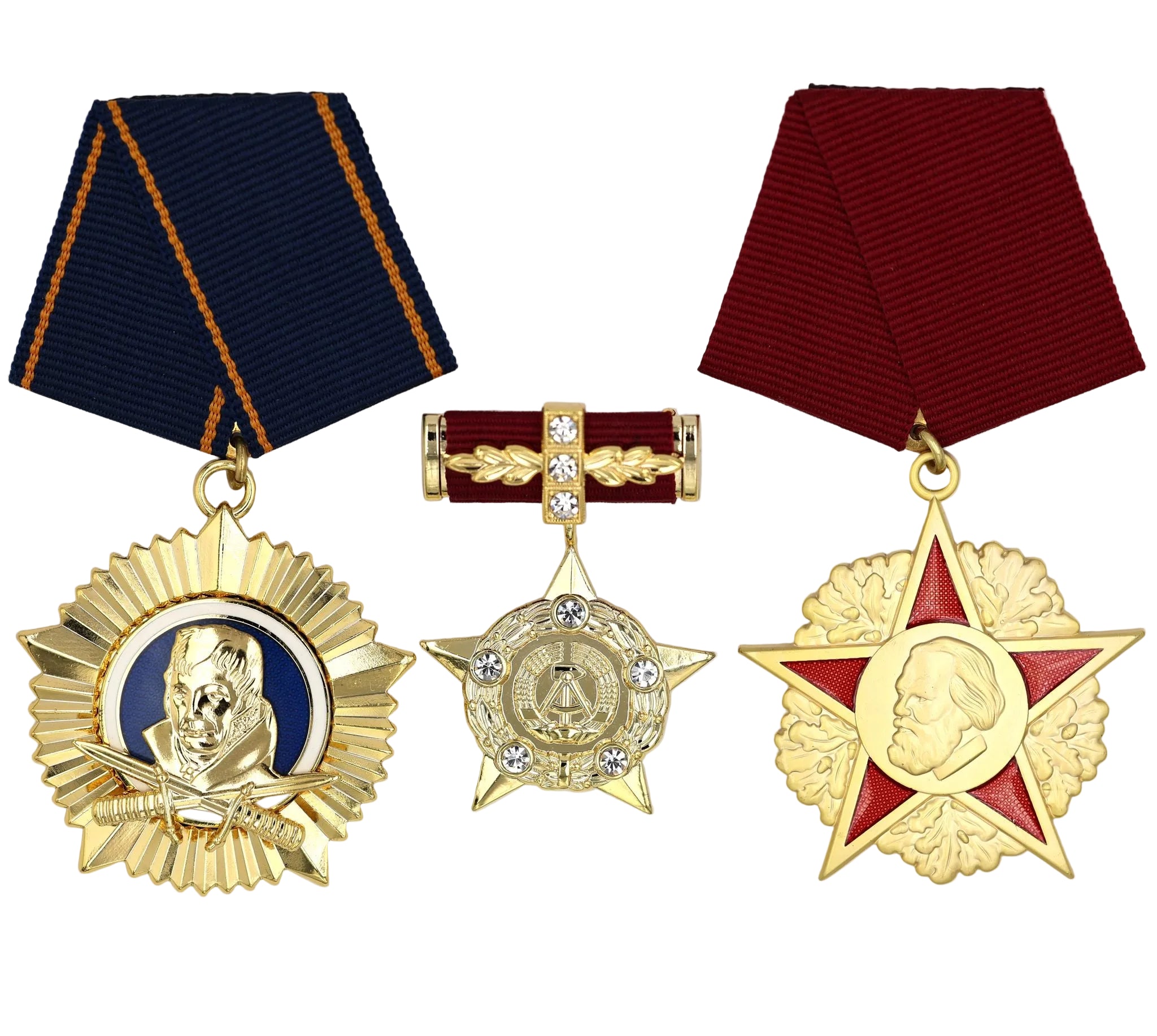 DDR 3er-Set – Scharnhorst-Orden (Scharnhorst Order) + Held der DDR (Hero of the GDR) + Karl-Marx-Orden (Order of Karl Marx) – Sammleranfertigungen in Vollgröße, Messing