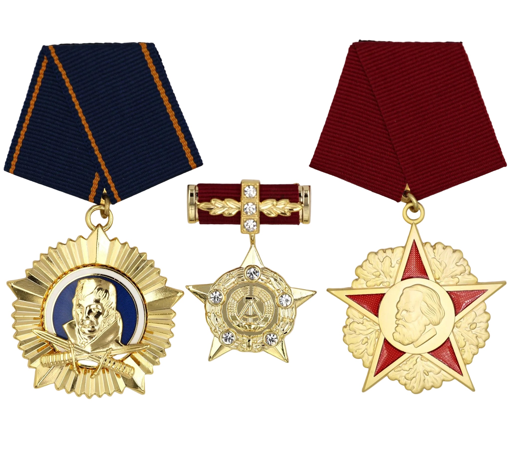 DDR 3er-Set – Scharnhorst-Orden (Scharnhorst Order) + Held der DDR (Hero of the GDR) + Karl-Marx-Orden (Order of Karl Marx) – Sammleranfertigungen in Vollgröße, Messing