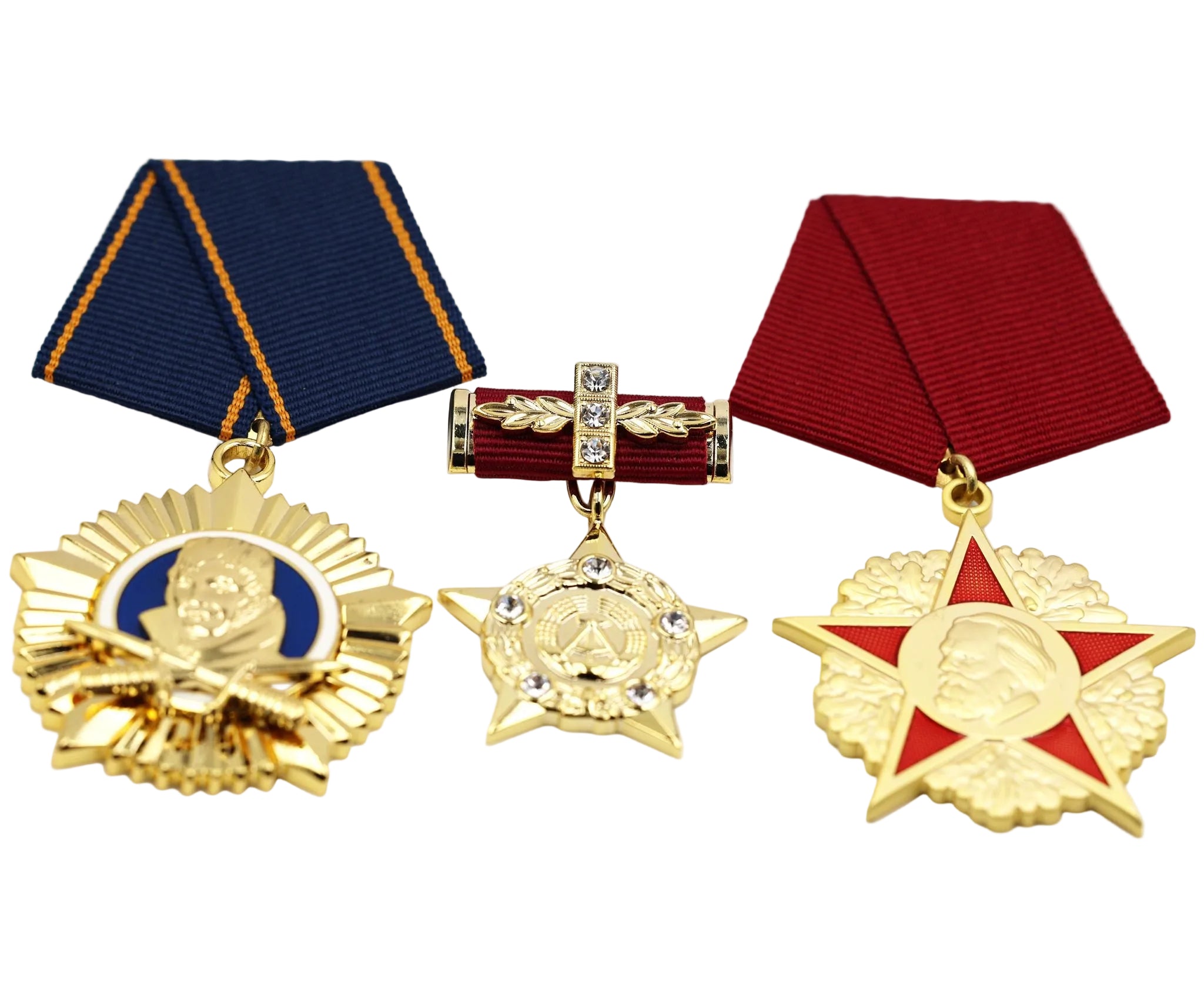 DDR 3er-Set – Scharnhorst-Orden (Scharnhorst Order) + Held der DDR (Hero of the GDR) + Karl-Marx-Orden (Order of Karl Marx) – Sammleranfertigungen in Vollgröße, Messing