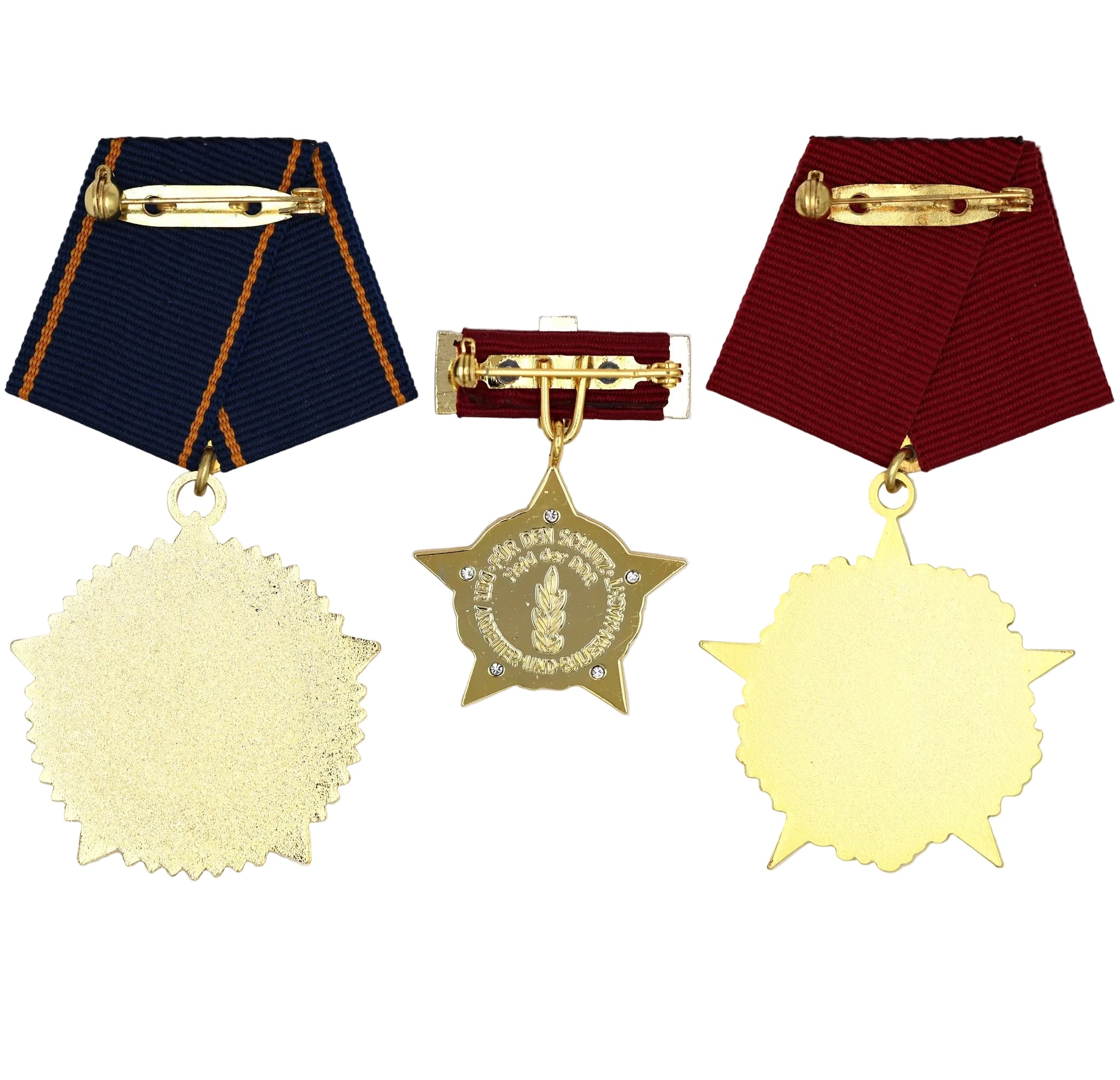 DDR 3er-Set – Scharnhorst-Orden (Scharnhorst Order) + Held der DDR (Hero of the GDR) + Karl-Marx-Orden (Order of Karl Marx) – Sammleranfertigungen in Vollgröße, Messing