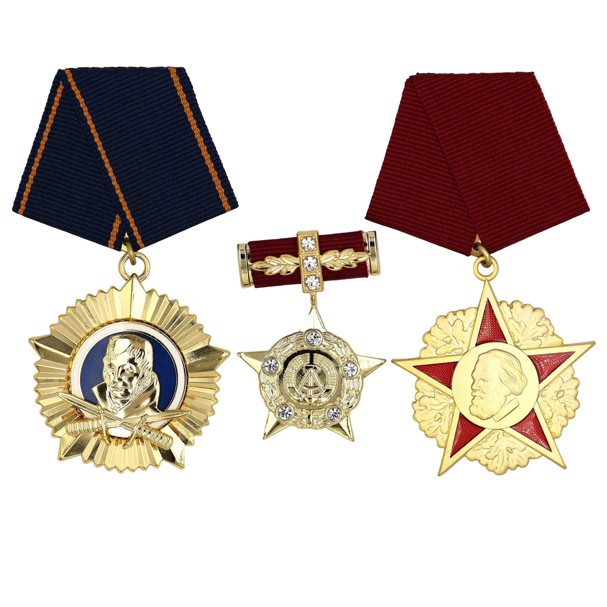 DDR 3er-Set – Scharnhorst-Orden (Scharnhorst Order) + Held der DDR (Hero of the GDR) + Karl-Marx-Orden (Order of Karl Marx) – Sammleranfertigungen in Vollgröße, Messing
