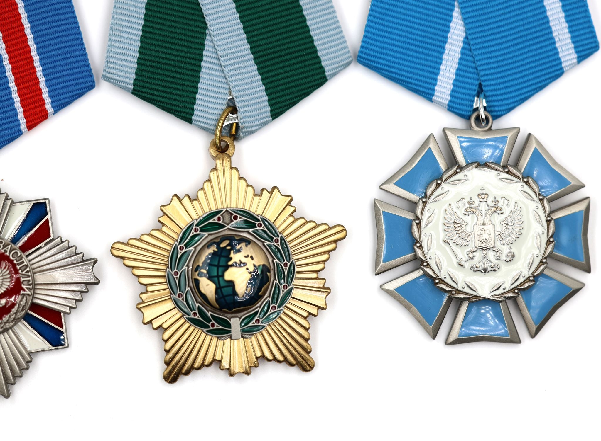 Russland 4-Orden-Set – Freundschaftsorden & Ehrenorden + Militär-/See-Verdienstorden – Messing/Emaille – Replik