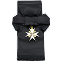 Britischer Johanniterorden – Schärpen- und Abzeichensatz mit schwarzer Schärpe und weißem Malteserkreuz / UK Order of St John Badge & Sash Set Black Sash White Maltese Cross Replica – Sammleranfertigung