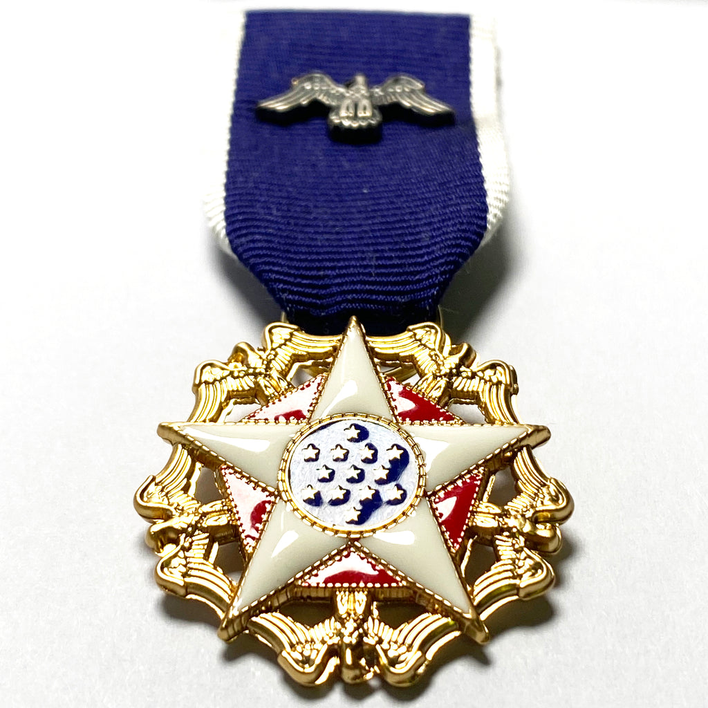 US-Präsidentielle Freiheitsmedaille (U.S. Presidential Medal of Freedom) – Miniaturmedaille + Bandschnalle + Service Ribbon – Sammleranfertigung (Messing, vergoldet, Emaille)