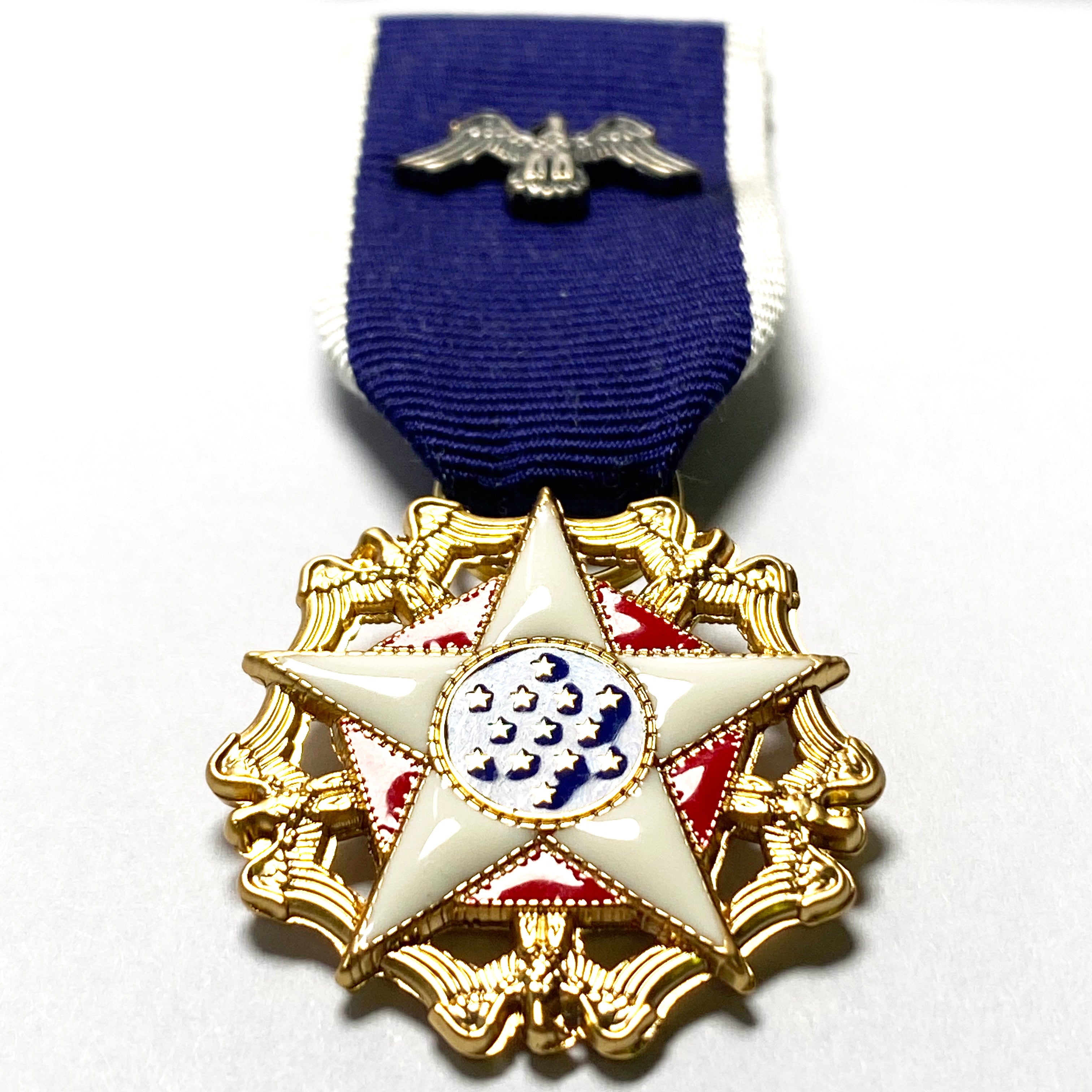 US-Präsidentielle Freiheitsmedaille (U.S. Presidential Medal of Freedom) – Miniaturmedaille + Bandschnalle + Service Ribbon – Sammleranfertigung (Messing, vergoldet, Emaille)