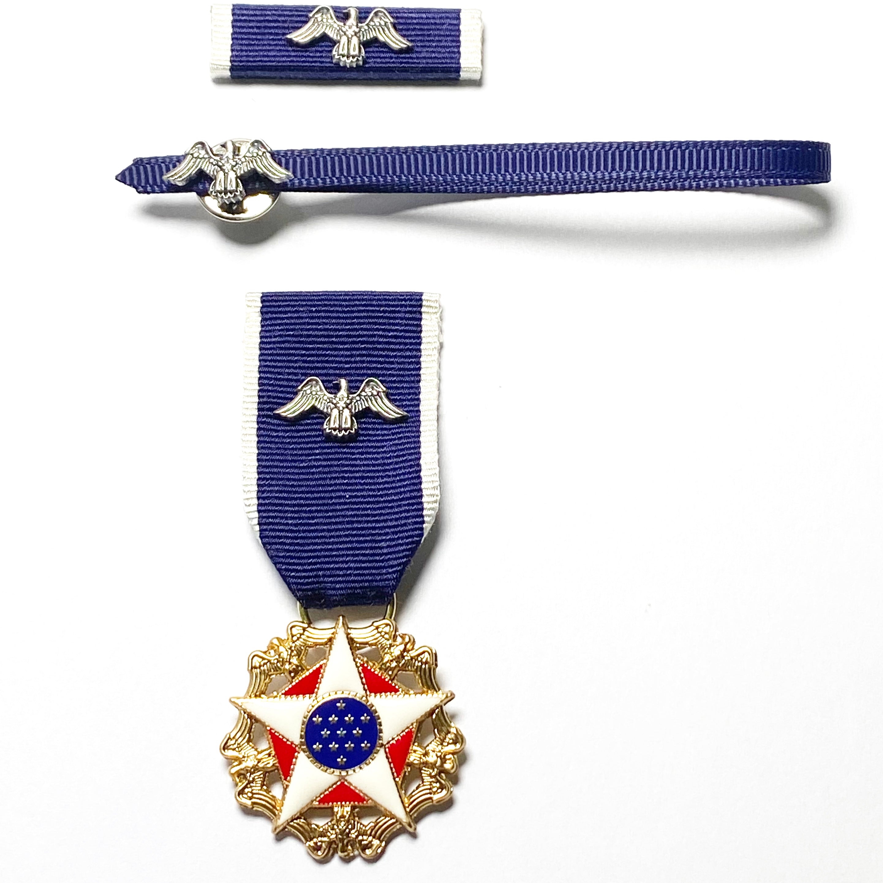 US-Präsidentielle Freiheitsmedaille (U.S. Presidential Medal of Freedom) – Miniaturmedaille + Bandschnalle + Service Ribbon – Sammleranfertigung (Messing, vergoldet, Emaille)