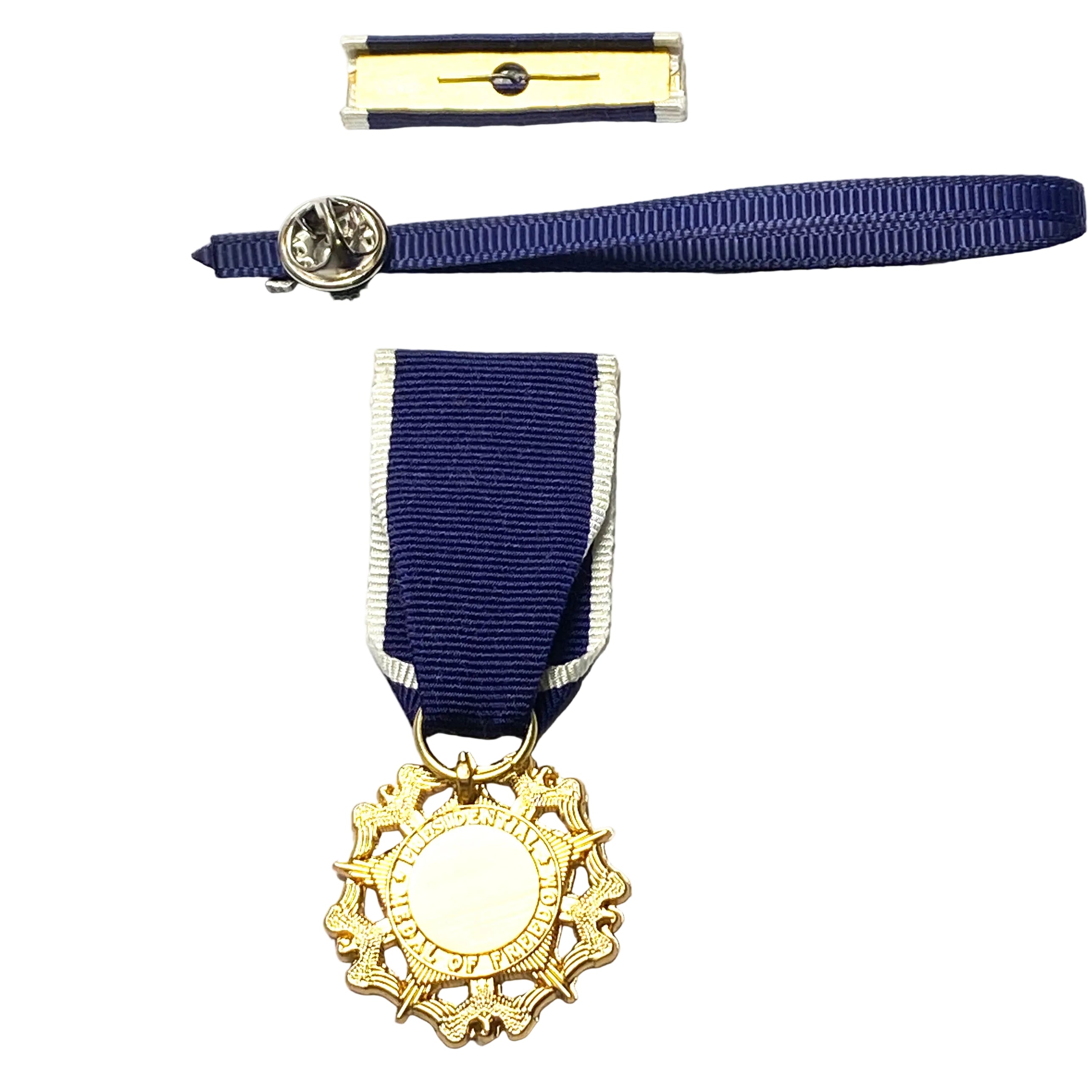 US-Präsidentielle Freiheitsmedaille (U.S. Presidential Medal of Freedom) – Miniaturmedaille + Bandschnalle + Service Ribbon – Sammleranfertigung (Messing, vergoldet, Emaille)