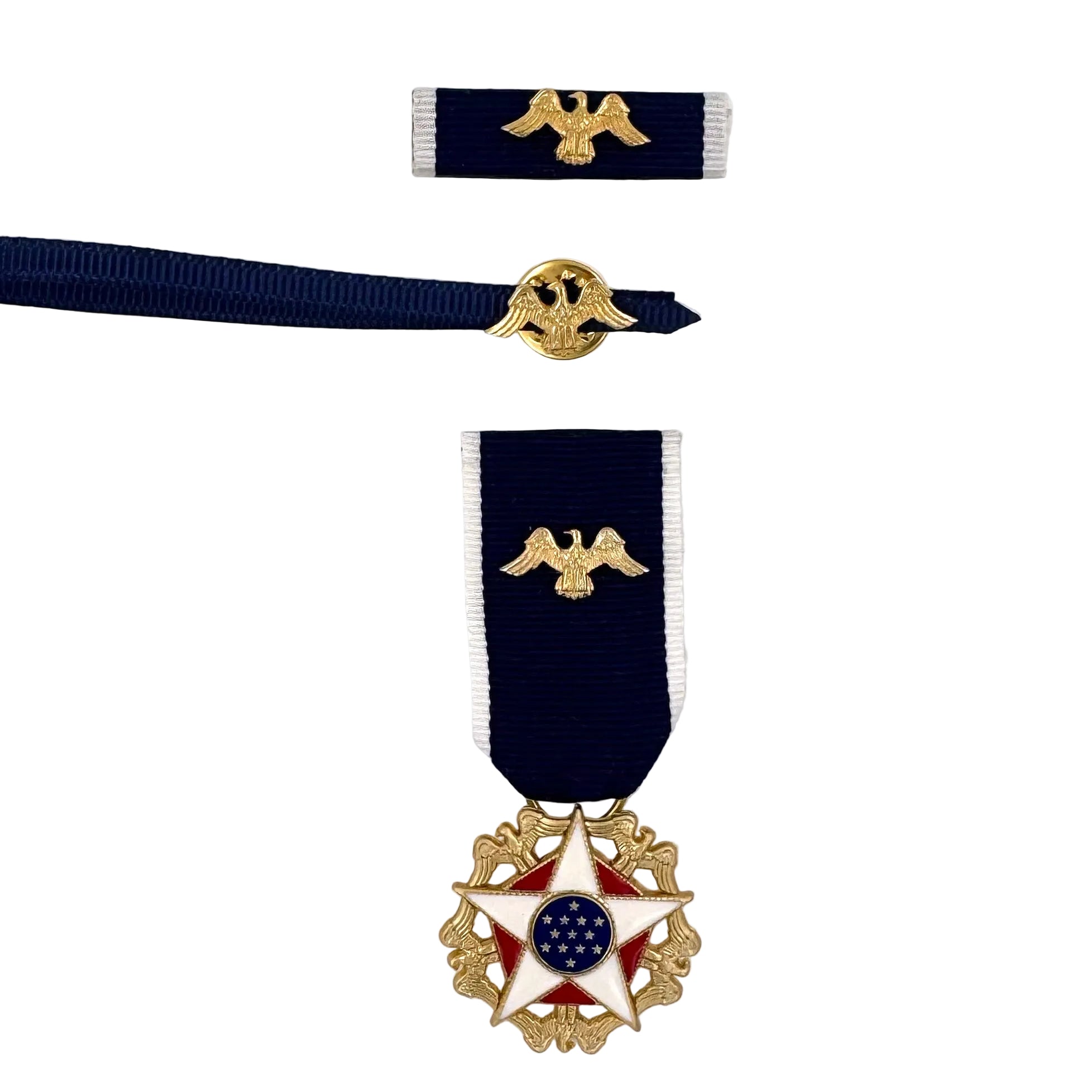 US-Präsidentielle Freiheitsmedaille „With Distinction“ (U.S. Presidential Medal of Freedom with Distinction) – Miniaturmedaille + Bandschnalle + Service Ribbon – Sammleranfertigung